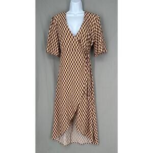 Silk Salt Dress Womens Large Brown Pink Wrap Midi Geometric Print Boho Bohemian